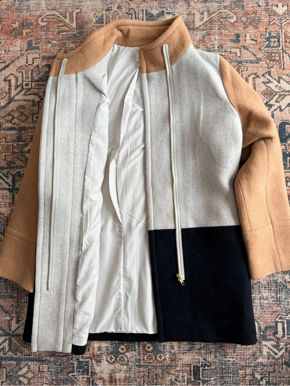 J. Crew Factory Colorblock City Coat in Camel, Light Gray & Black